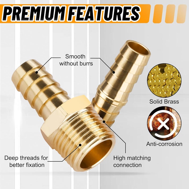 Ailbiuko 48PCS Brass Hose Barb Fittings,Barb Splicer Mender 3/16" 1/4" 5/16" 3/8" 1/2" 5/8" and Male Thread Adapter 3/8" Barbed to 1/4" NPT, 1/4" Barbed to 1/4" NPT Male with 96Pcs Pipe Hose Clamps - Image 3